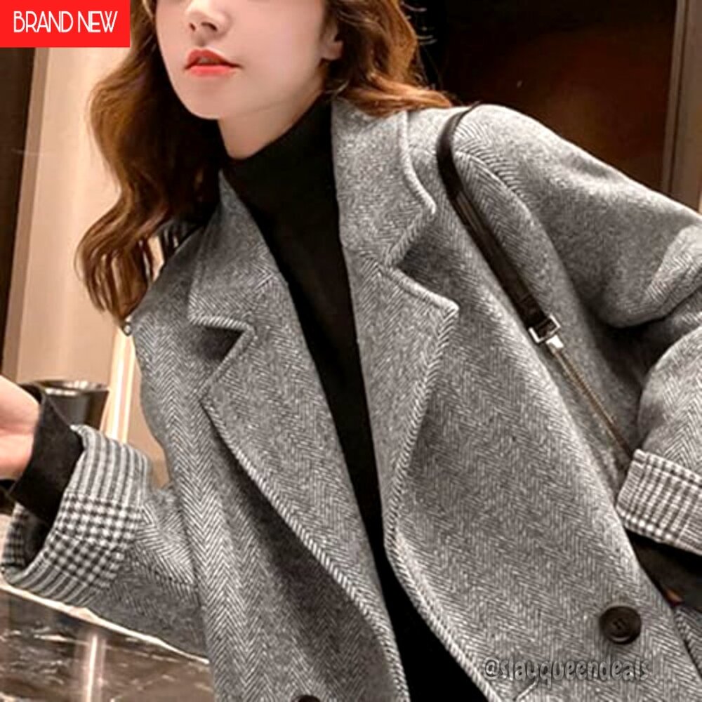 Women's Wool Blend Double Breasted Blazer Herringbone Pattern Notched Lapel - Picture 6 of 7